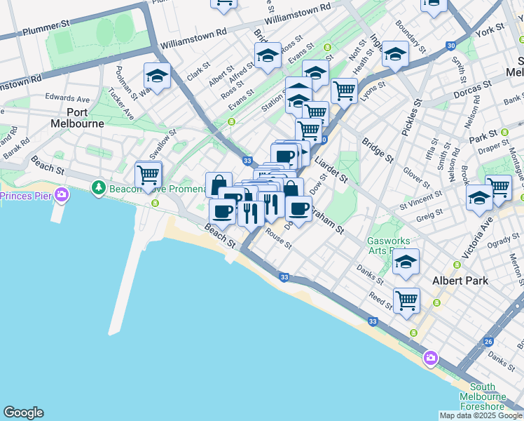 map of restaurants, bars, coffee shops, grocery stores, and more near 57 Bay Street in Port Melbourne