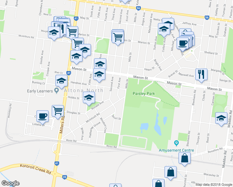 map of restaurants, bars, coffee shops, grocery stores, and more near 5 First Avenue in Altona North
