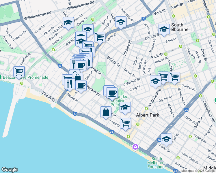 map of restaurants, bars, coffee shops, grocery stores, and more near 4 Seisman Place in Port Melbourne