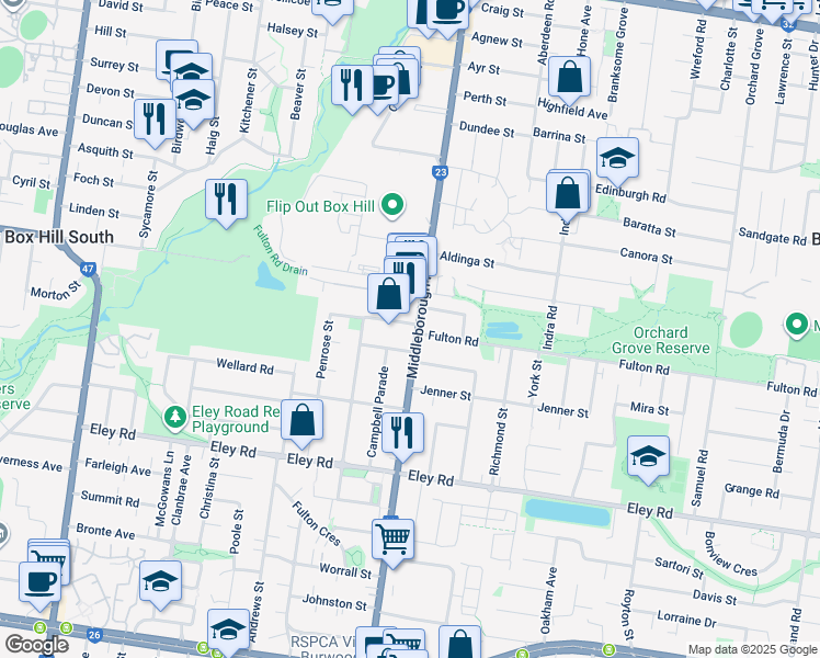 map of restaurants, bars, coffee shops, grocery stores, and more near 165 Middleborough Road in Box Hill South