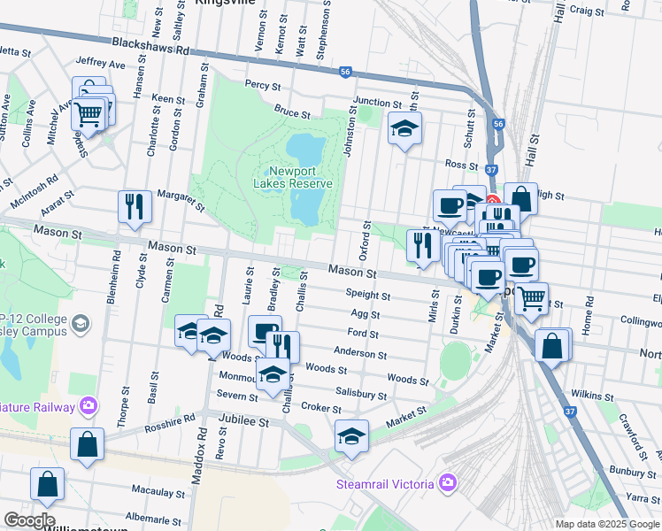 map of restaurants, bars, coffee shops, grocery stores, and more near Mason Street in Newport