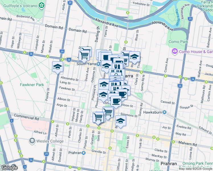 map of restaurants, bars, coffee shops, grocery stores, and more near 25 Arthur Street in South Yarra