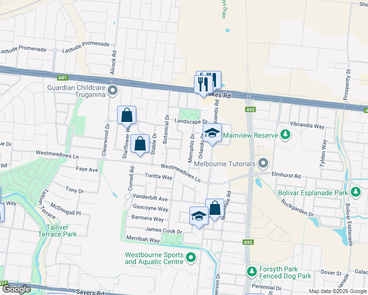 map of restaurants, bars, coffee shops, grocery stores, and more near 12 Mayfield Avenue in Truganina