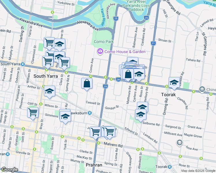 map of restaurants, bars, coffee shops, grocery stores, and more near 270 Williams Road in Toorak