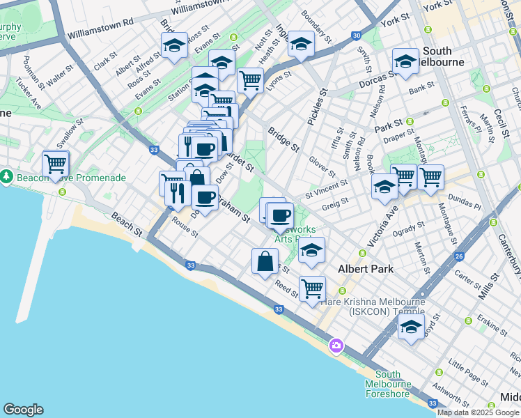 map of restaurants, bars, coffee shops, grocery stores, and more near 3 Seisman Place in Port Melbourne