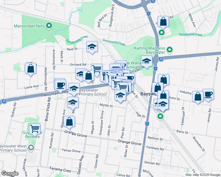map of restaurants, bars, coffee shops, grocery stores, and more near 688A Mountain Hwy in Bayswater