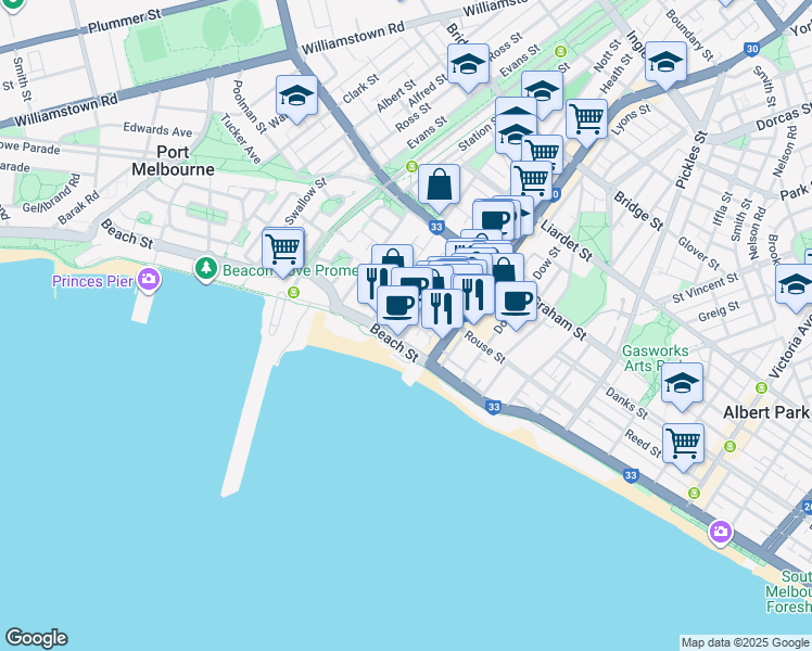 map of restaurants, bars, coffee shops, grocery stores, and more near 19-25 Nott Street in Port Melbourne