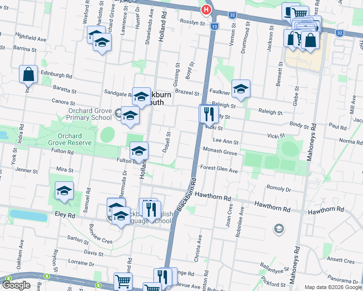 map of restaurants, bars, coffee shops, grocery stores, and more near 18 Bond Avenue in Blackburn South