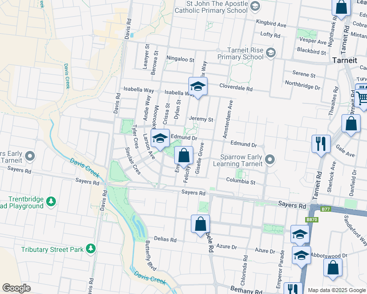map of restaurants, bars, coffee shops, grocery stores, and more near 32 Emma Drive in Tarneit