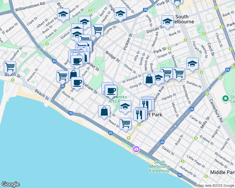 map of restaurants, bars, coffee shops, grocery stores, and more near 21 Graham Street in Albert Park