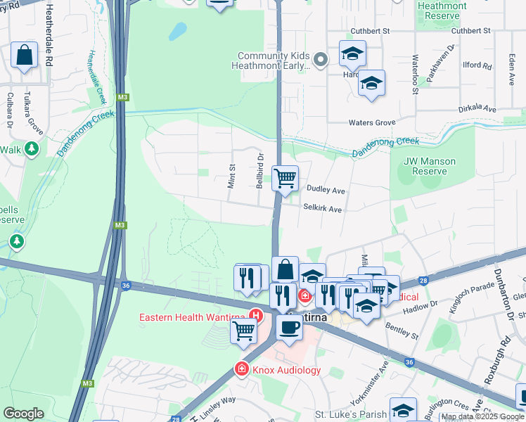 map of restaurants, bars, coffee shops, grocery stores, and more near 5 Clarence Road in Wantirna