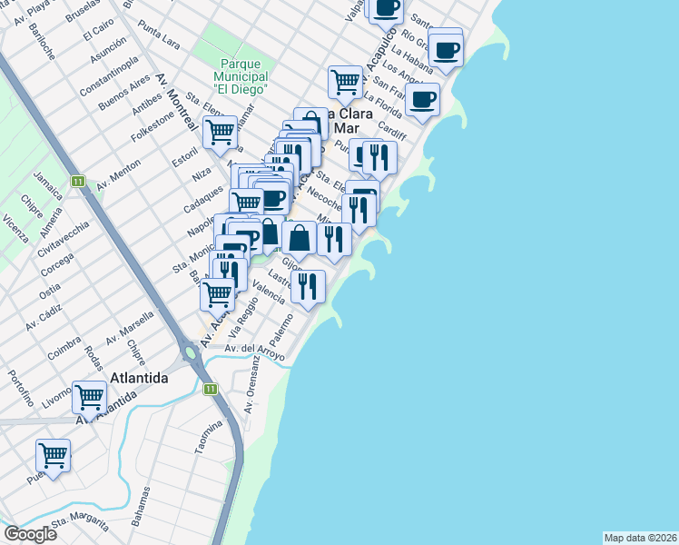 map of restaurants, bars, coffee shops, grocery stores, and more near 2 Avenida Bristol in Santa Clara del Mar