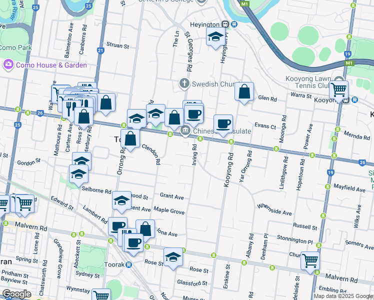 map of restaurants, bars, coffee shops, grocery stores, and more near in Toorak