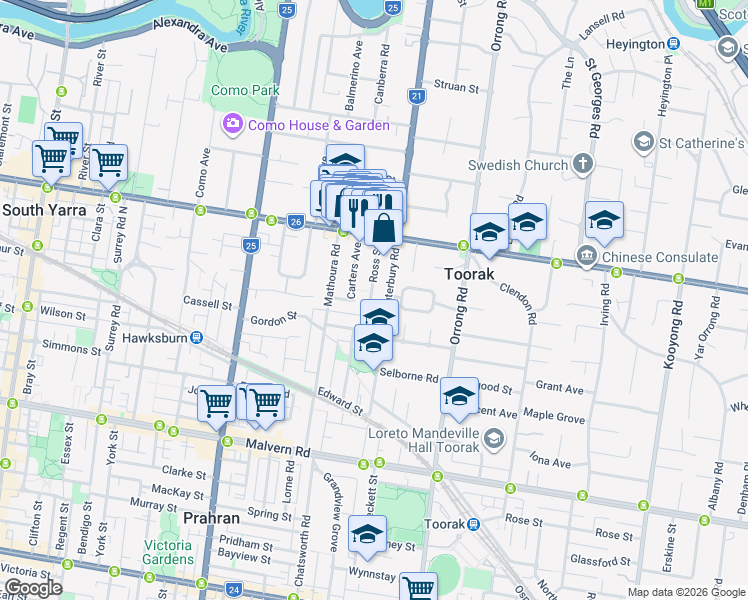 map of restaurants, bars, coffee shops, grocery stores, and more near 14 Ross Street in Toorak