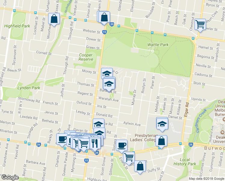 map of restaurants, bars, coffee shops, grocery stores, and more near 19 Banksia Street in Burwood