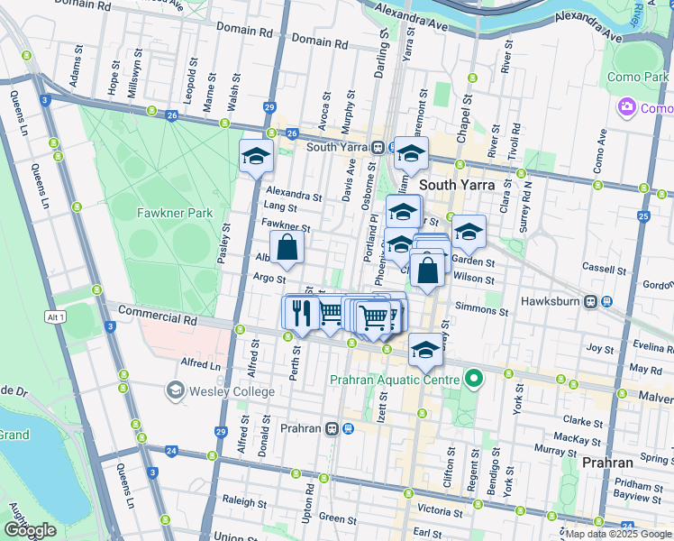 map of restaurants, bars, coffee shops, grocery stores, and more near 83 Argo Street in South Yarra