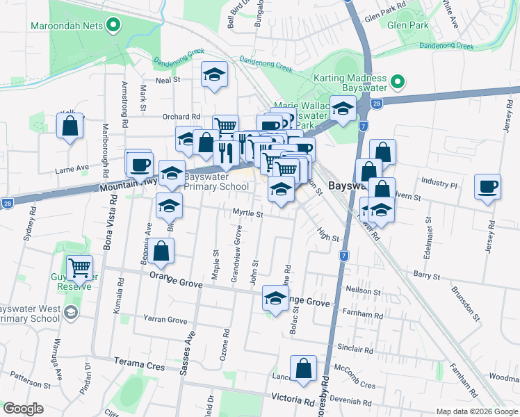 map of restaurants, bars, coffee shops, grocery stores, and more near 19 Myrtle Street in Bayswater
