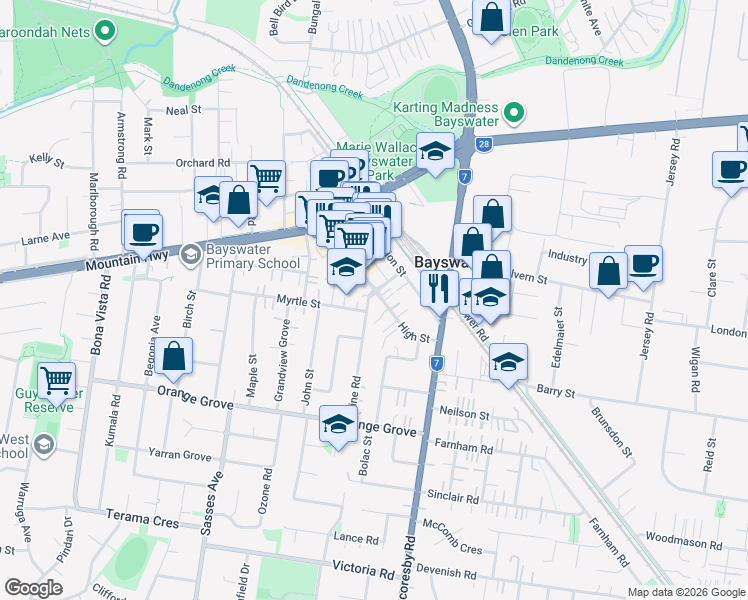 map of restaurants, bars, coffee shops, grocery stores, and more near 18 High Street in Bayswater