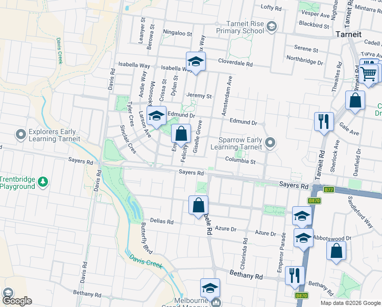 map of restaurants, bars, coffee shops, grocery stores, and more near 7 Hamish Drive in Tarneit