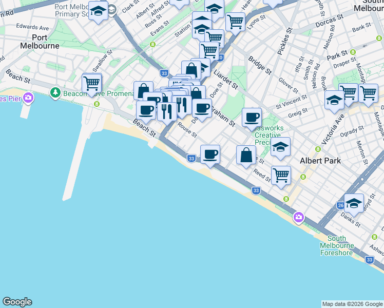 map of restaurants, bars, coffee shops, grocery stores, and more near 1 Beach Street in Port Melbourne