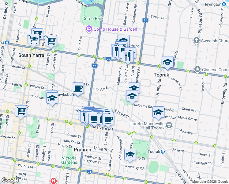 map of restaurants, bars, coffee shops, grocery stores, and more near 71 Mathoura Road in Toorak