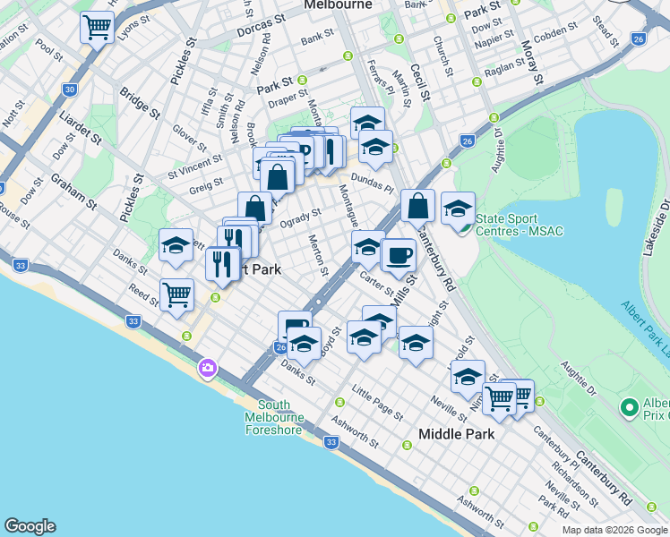 map of restaurants, bars, coffee shops, grocery stores, and more near 78 Kerferd Road in Albert Park