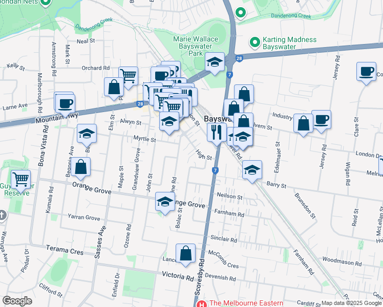 map of restaurants, bars, coffee shops, grocery stores, and more near 28 High Street in Bayswater