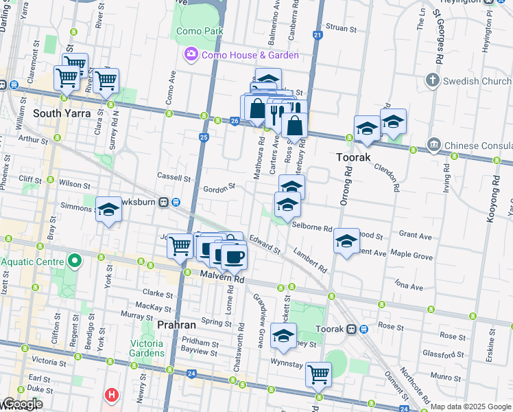 map of restaurants, bars, coffee shops, grocery stores, and more near 56 Mathoura Road in Toorak