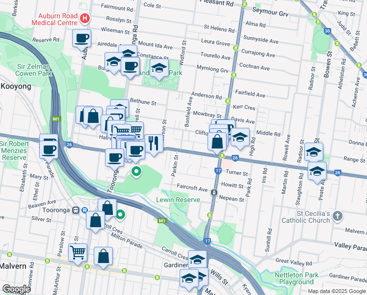 map of restaurants, bars, coffee shops, grocery stores, and more near 841 Toorak Road in Hawthorn East