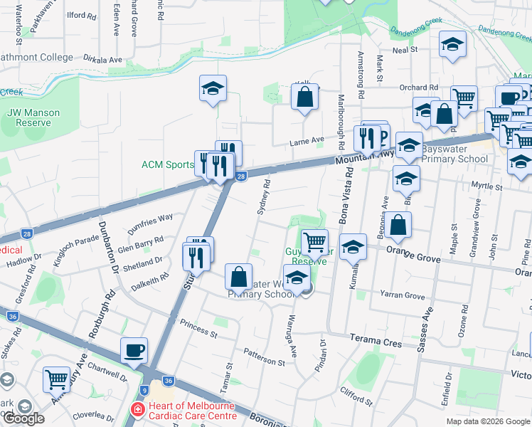 map of restaurants, bars, coffee shops, grocery stores, and more near 2 Ernest Street in Bayswater