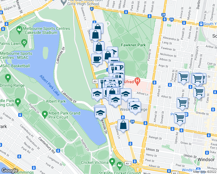 map of restaurants, bars, coffee shops, grocery stores, and more near 562 Saint Kilda Road in Melbourne