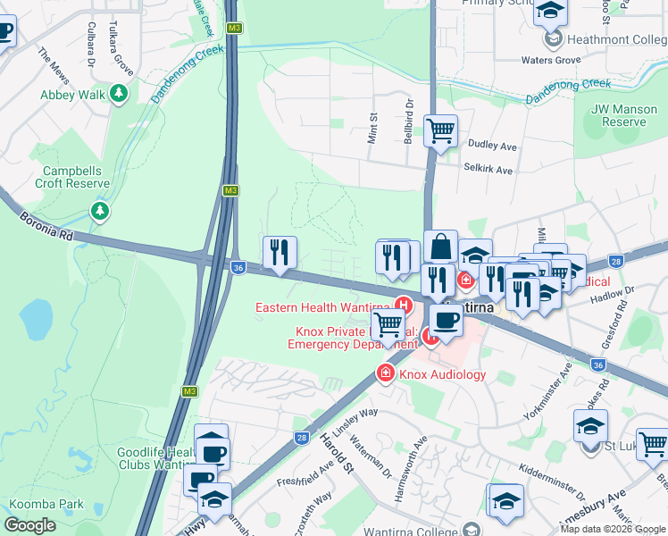 map of restaurants, bars, coffee shops, grocery stores, and more near 745 Boronia Road in Wantirna