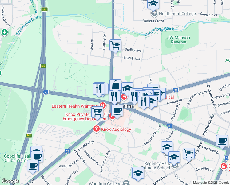 map of restaurants, bars, coffee shops, grocery stores, and more near 1 Garrisson Grove in Wantirna