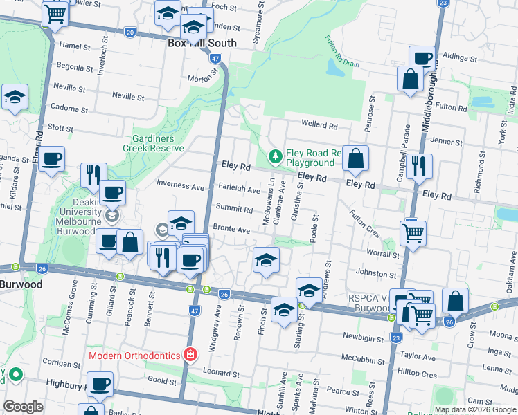 map of restaurants, bars, coffee shops, grocery stores, and more near 25 Summit Road in Burwood