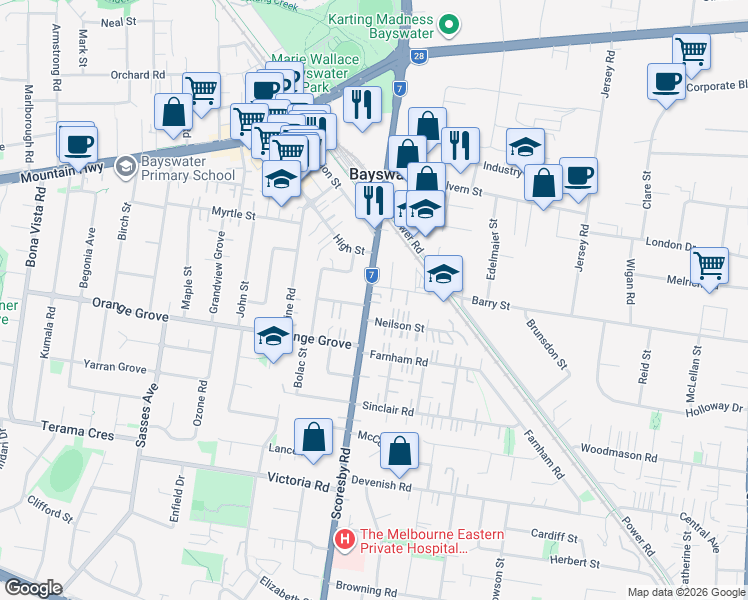 map of restaurants, bars, coffee shops, grocery stores, and more near 69 Scoresby Road in Bayswater