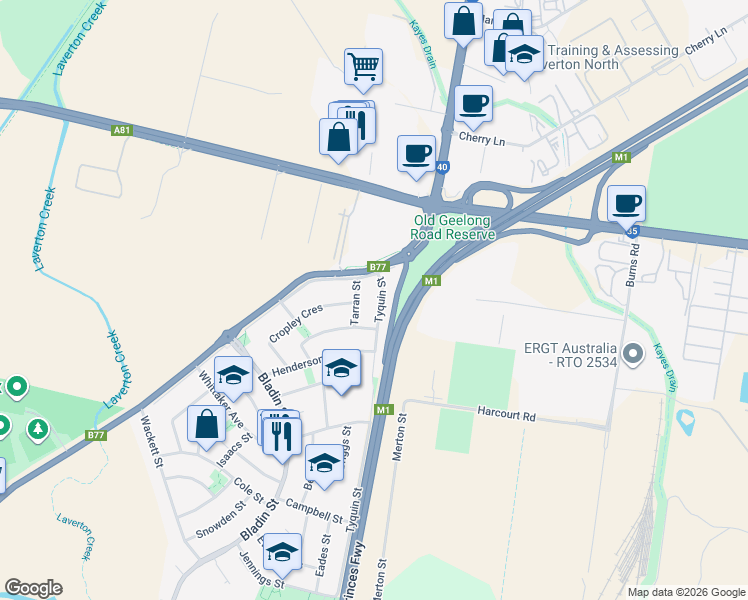 map of restaurants, bars, coffee shops, grocery stores, and more near 8 Tyquin Street in Laverton