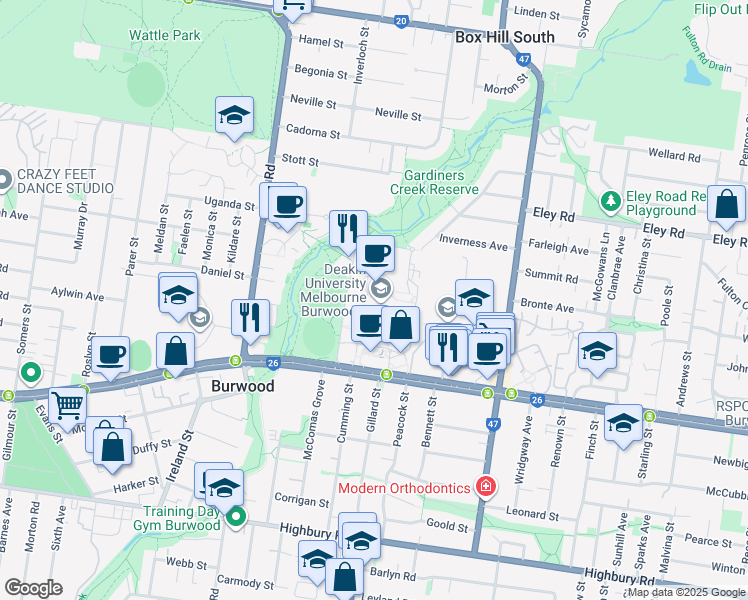 map of restaurants, bars, coffee shops, grocery stores, and more near 221 Burwood Highway in Burwood