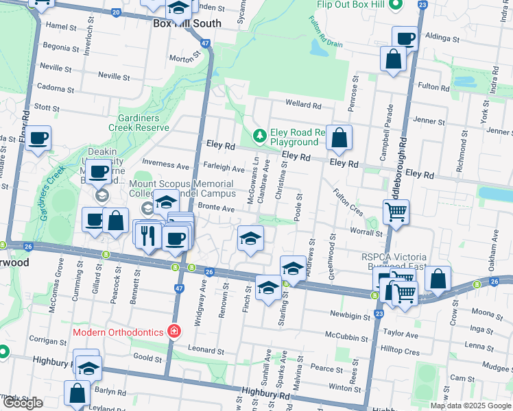 map of restaurants, bars, coffee shops, grocery stores, and more near 32 Clanbrae Avenue in Burwood