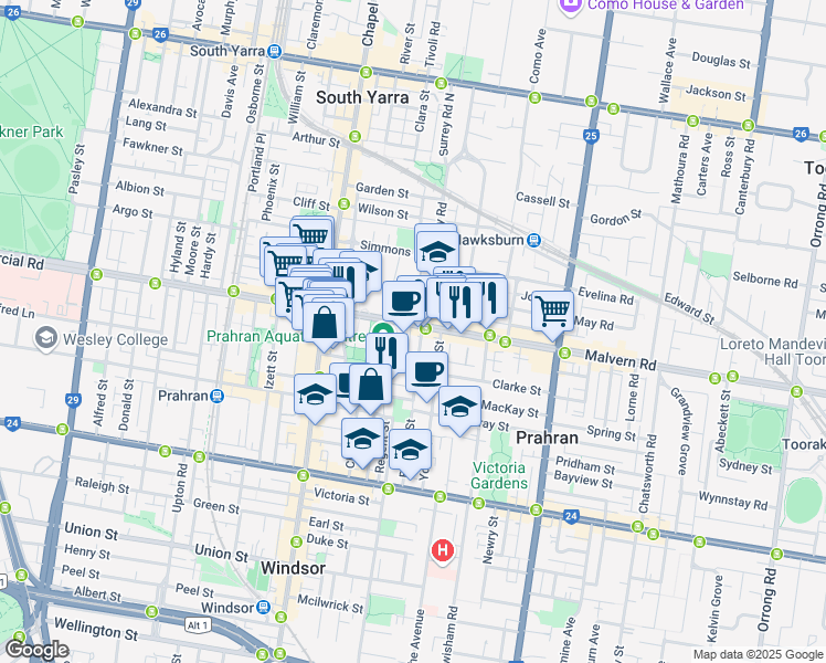 map of restaurants, bars, coffee shops, grocery stores, and more near 326 Malvern Road in Prahran