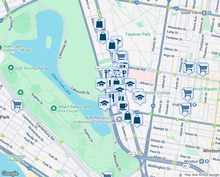map of restaurants, bars, coffee shops, grocery stores, and more near 55 Queens Road in Melbourne