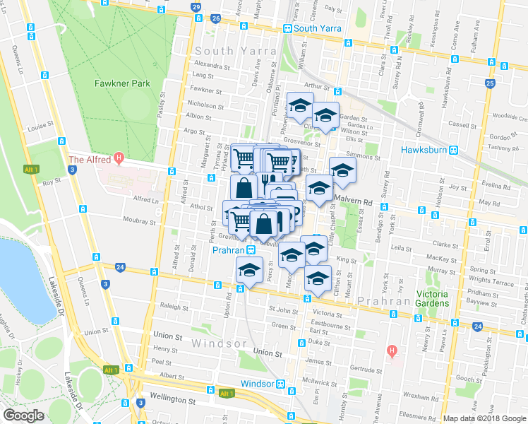 map of restaurants, bars, coffee shops, grocery stores, and more near 31A Hinton Lane in Prahran