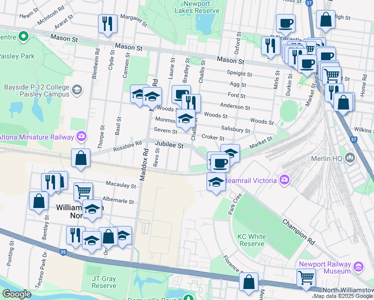 map of restaurants, bars, coffee shops, grocery stores, and more near 3 Jubilee Street in Newport