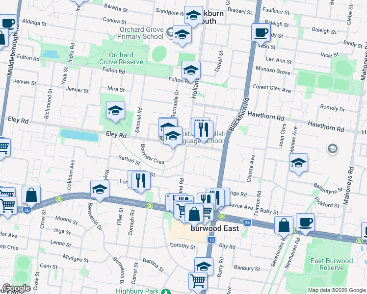 map of restaurants, bars, coffee shops, grocery stores, and more near 138 Eley Road in Burwood East