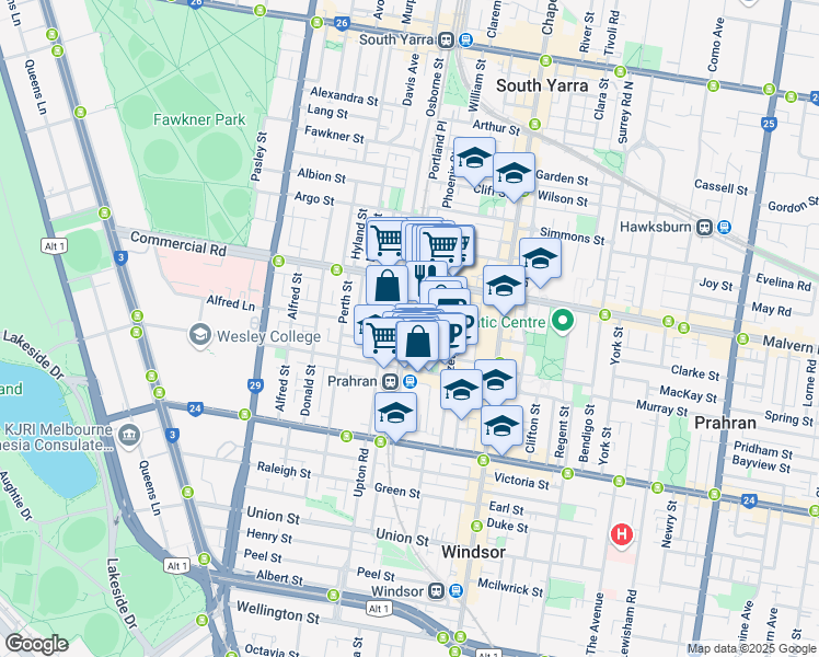 map of restaurants, bars, coffee shops, grocery stores, and more near 47 Porter Street in Prahran