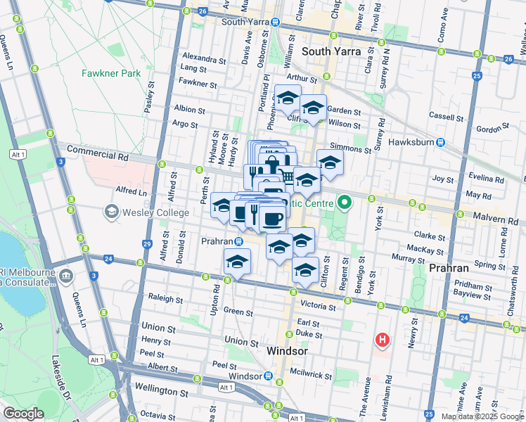 map of restaurants, bars, coffee shops, grocery stores, and more near 50 Grattan Street in Prahran