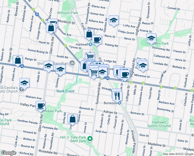 map of restaurants, bars, coffee shops, grocery stores, and more near 1134 Toorak Road in Camberwell