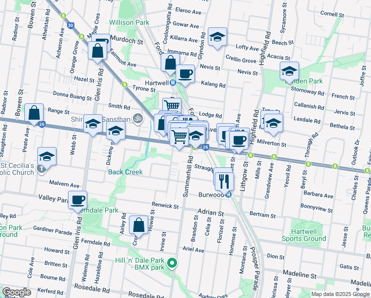 map of restaurants, bars, coffee shops, grocery stores, and more near 1134 Toorak Road in Camberwell