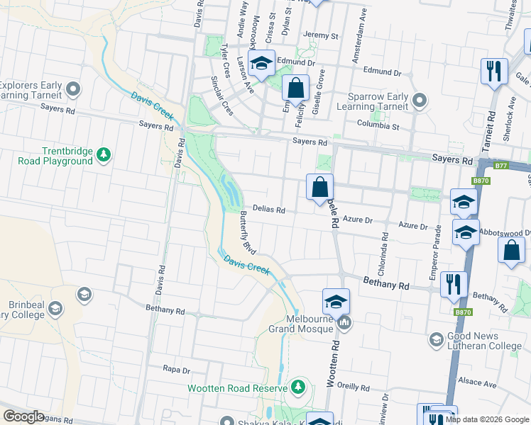 map of restaurants, bars, coffee shops, grocery stores, and more near 31 Delias Road in Tarneit
