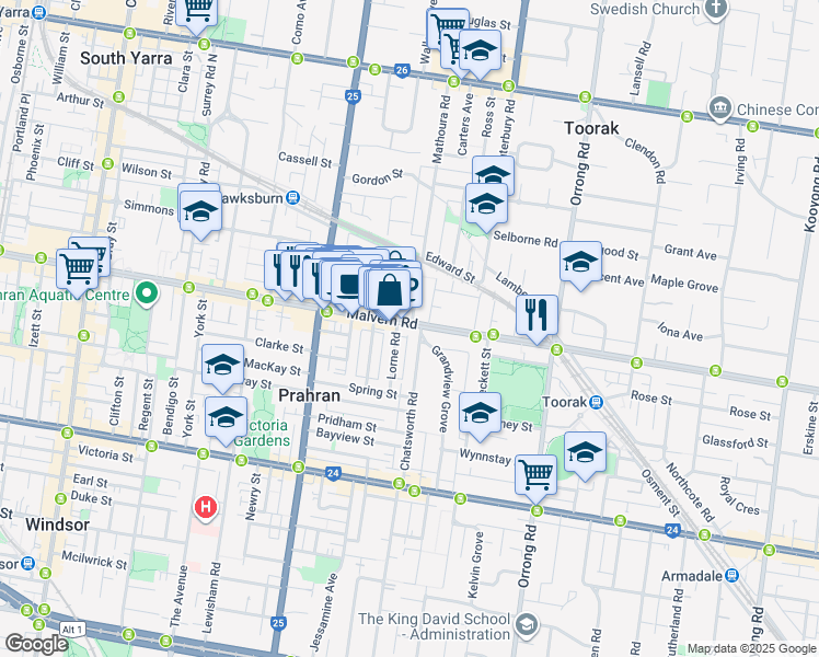 map of restaurants, bars, coffee shops, grocery stores, and more near 610 Malvern Road in Prahran