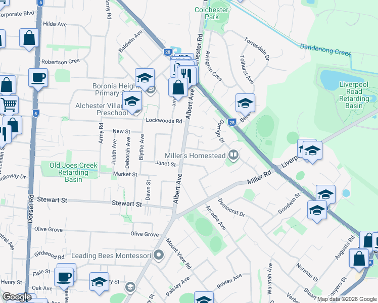 map of restaurants, bars, coffee shops, grocery stores, and more near 4 Casuarina Avenue in Boronia